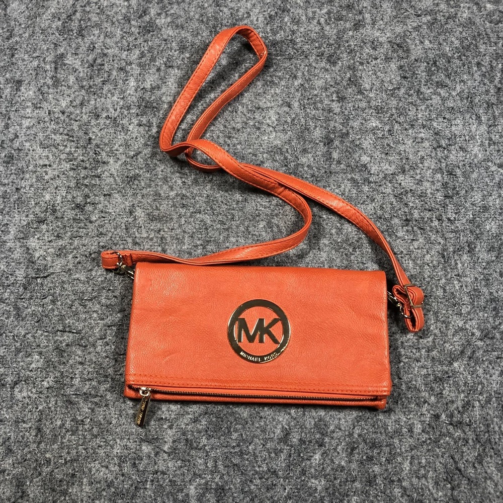 Michael Kors Crossbody Bag Womens Small Orange Leather Logo Zip MK Purse‎